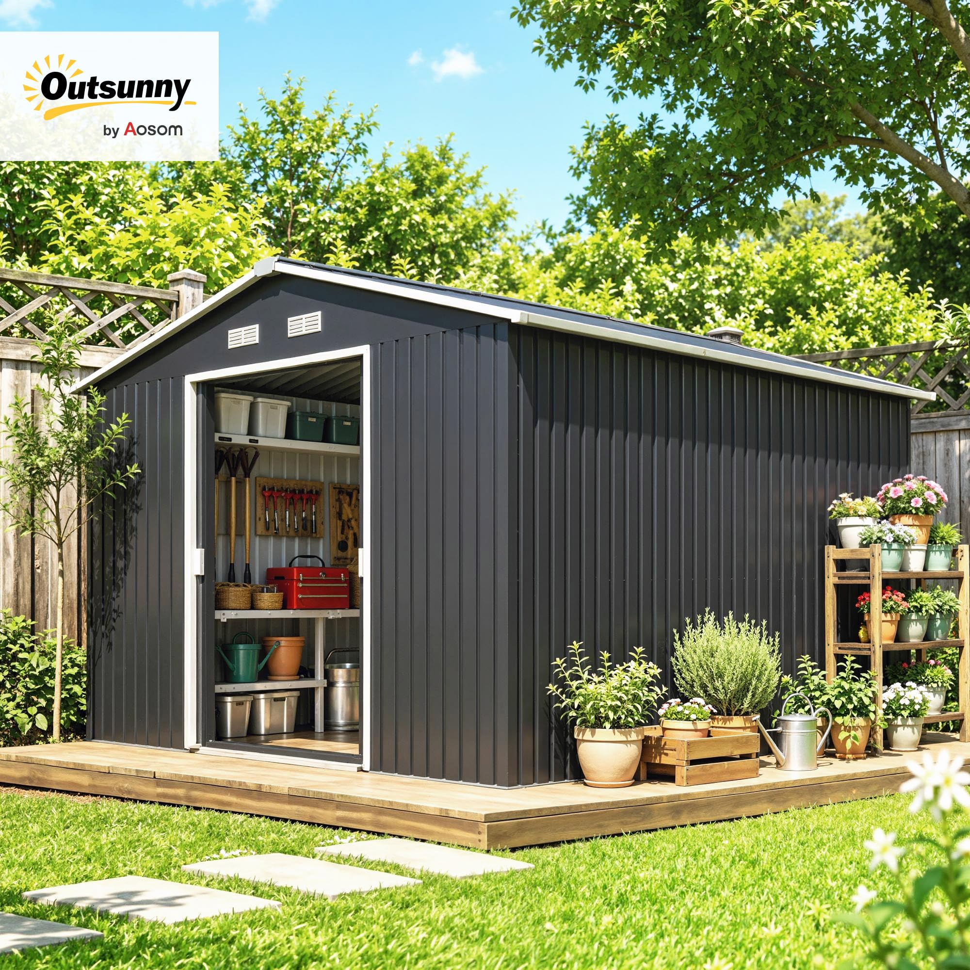 Outsunny Casetta da Giardino in Lamiera d'Acciaio 8.3 m² con 2 Porte Scorrevoli 277x322x192 cm Grigio Scuro