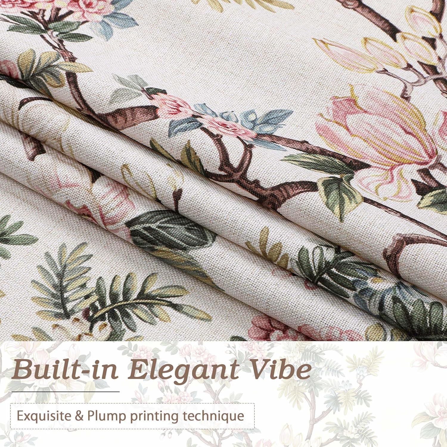 Simplebrand Natural Floral Curtains 96 Inches Long 2 Panels, Faux Linen Textured Semi Light Filtering Farmhouse Curtains & Drapes, Soft Airy Slub Window Curtains for Living Room Bedroom, 52" Wx96 L