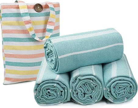 HILLFAIR Cotton Turkish Beach Towels, Quick Dry Lightweight Sand Free Peshtemal Towel for Bath Swim Yoga Spa Travel, Beach Accessories, Oversized Cotton Turkish Towels 39 x 72 inch- 4 Pack Aqua