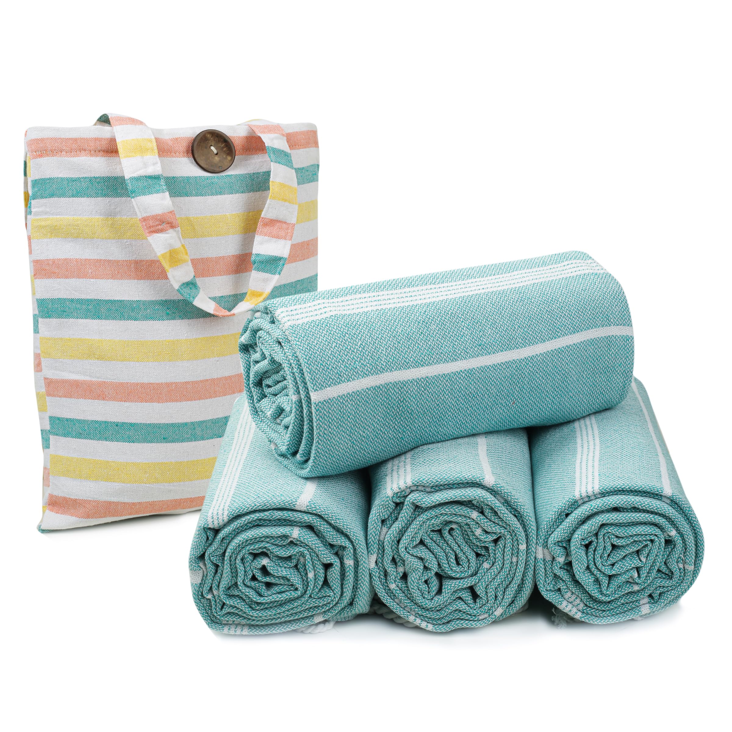 HILLFAIR Cotton Turkish Beach Towels, Quick Dry Lightweight Sand Free Peshtemal Towel for Bath Swim Yoga Spa Travel, Beach Accessories, Oversized Cotton Turkish Towels (39 x 72 inch- 4 Pack Aqua)