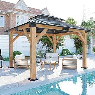 AMERLIFE 10x12 Spruce Wood Gazebo, Hardtop Gazebo with Aluminum Double Roof, Outdoor Pergola with Wood Frame for Parties, Backyard, Lawns, Patio