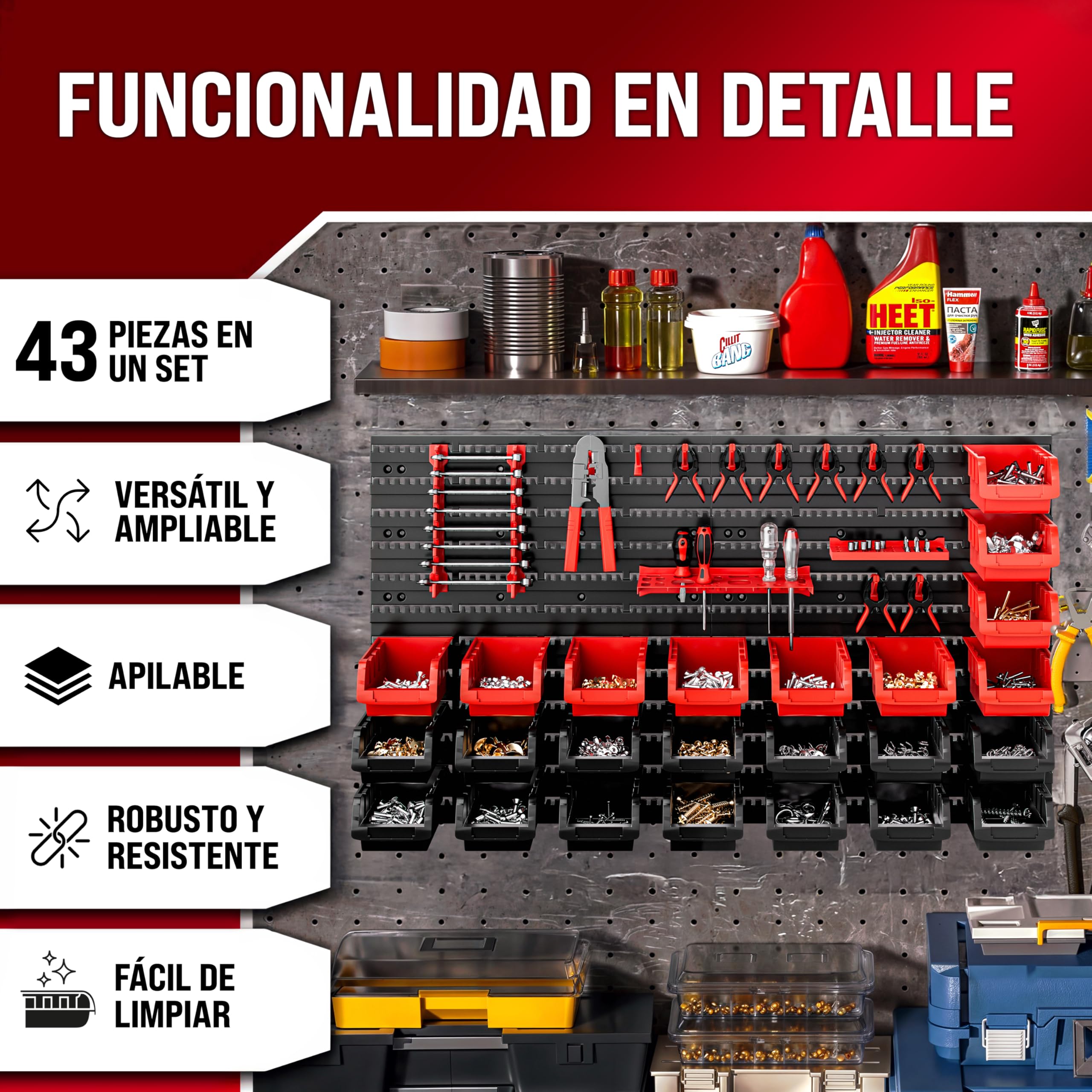 DEUBA® Organizador de Herramientas de Pared Cajas Apilables Paneles Perforados Ampliable Portaherramientas Sistema Almacenamiento Taller 43 Pzas
