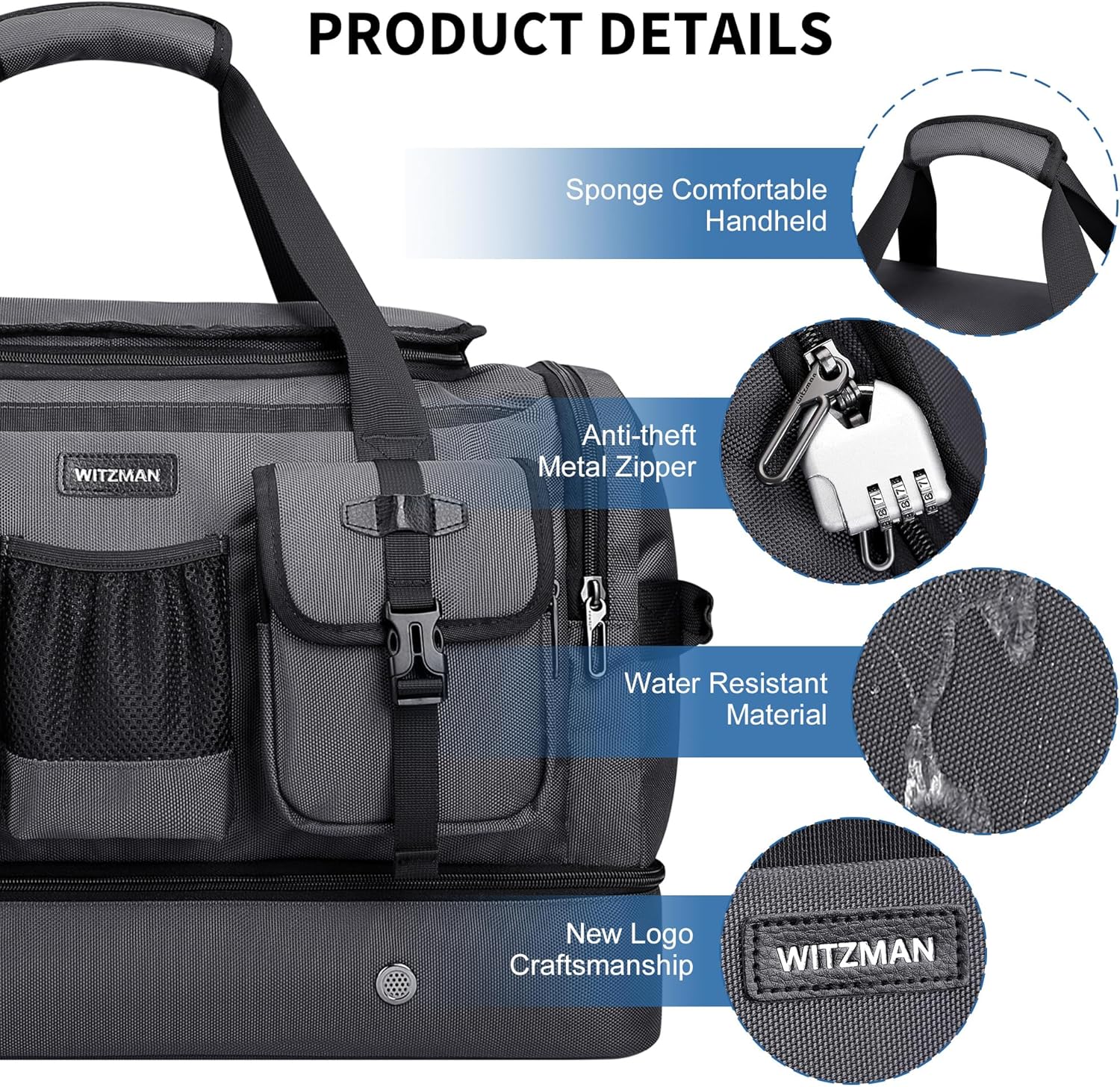 WITZMAN Duffle Bag for Men Large Carry On Travel Mens Weekender Overnight Bags with Shoes Compartment for Sports Gym(B723 Silvery Grey) - Image 7