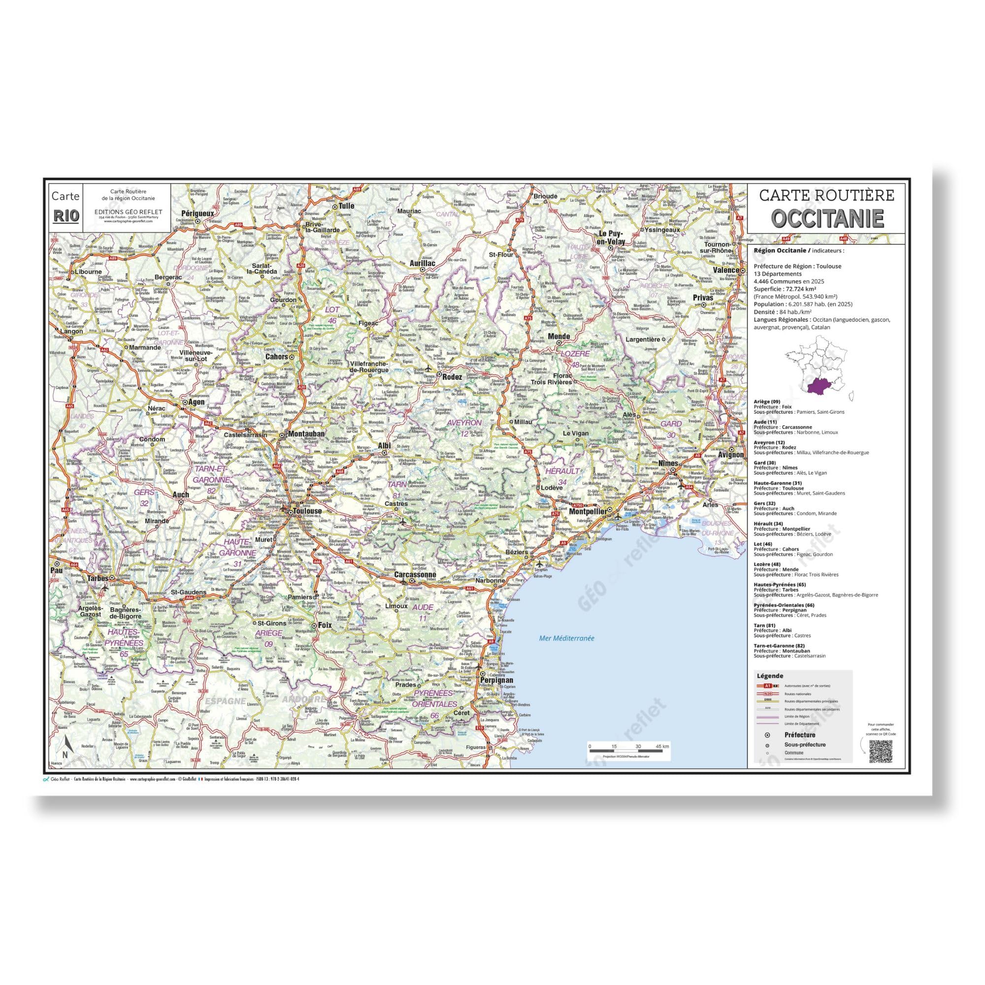 Carte routière de la région Occitanie - Poster plastifié 100x70 cm - Édition 2026