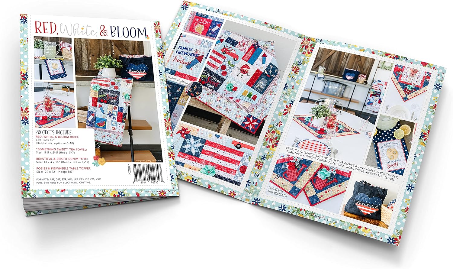 Kimberbell Quilt: Red, White & Bloom Machine Embroidery Design CD, Completed Size: 40x40” + 3 Bonus Projects, Step-By-Step Instructions For Beginners to Advanced, Hoop Sizes: 5x7”, 6x10”, 8x12”, KD809