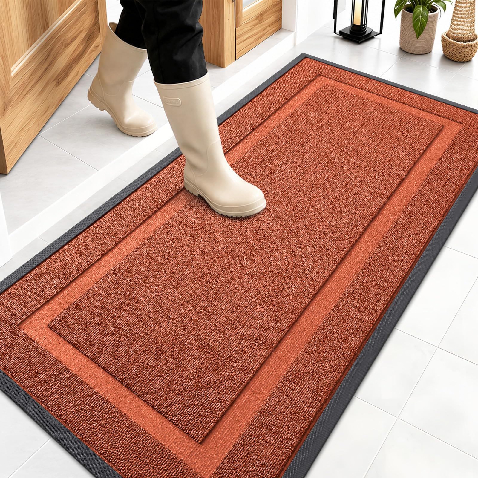 OLANLY Front Door Mat Outside 47x23, All-Season Heavy-Duty Rubber Doormat | Vermillion Red, Absorbent, Stain and Fade Resistant, Non-Slip Backing, Low-Profile Indoor Outdoor Floor Mat for Entryway