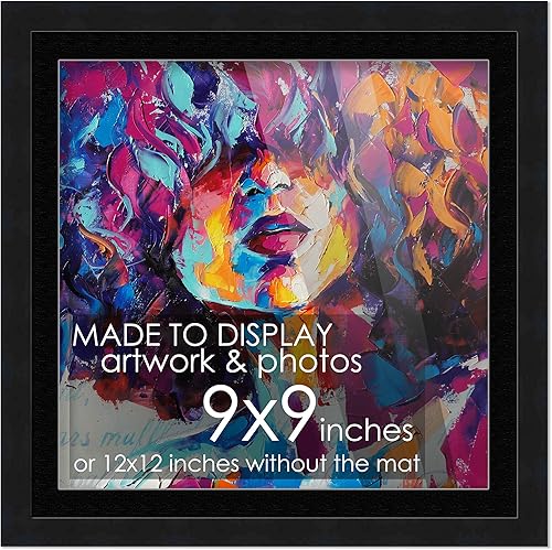 Miniatura 63 de Marco de madera negra de 9 x 9 pulgadas con paspartú blanco Con paspartú de 12 x 12 a 9 x 9 pulgadas Protector inastillable acrílico UV