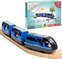 KipiPol Battery Operated Electric Train Set for Wooden Tracks - Magnetic Compatible with Thomas & Brio, Toddler Toy 3-5+ with Sounds & Stickers