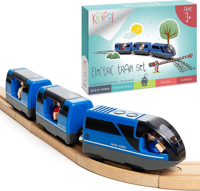 Battery Operated Action Locomotive Toy Train Set for Wooden Tracks, (Magnetic)-Compatible with Thomas The Train Toys, Brio Tram Set for Toddlers 3-5 and up, Stocking Stuffers for Kids
