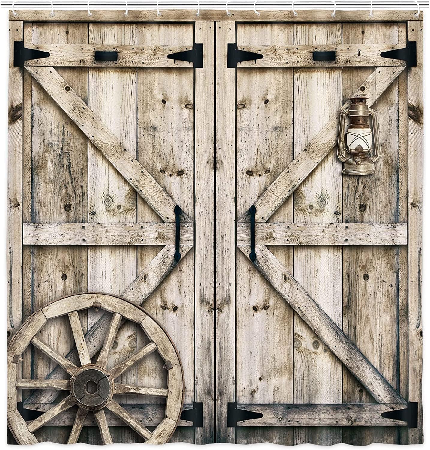 Rustic Barn Door Shower Curtain Farmhouse Wooden Vintage Weatern American Style Country Woodland Decor Fabric Bathroom Curtains, Old Garage Door Farm Retro Bath Accessories with Hooks, 69X84in