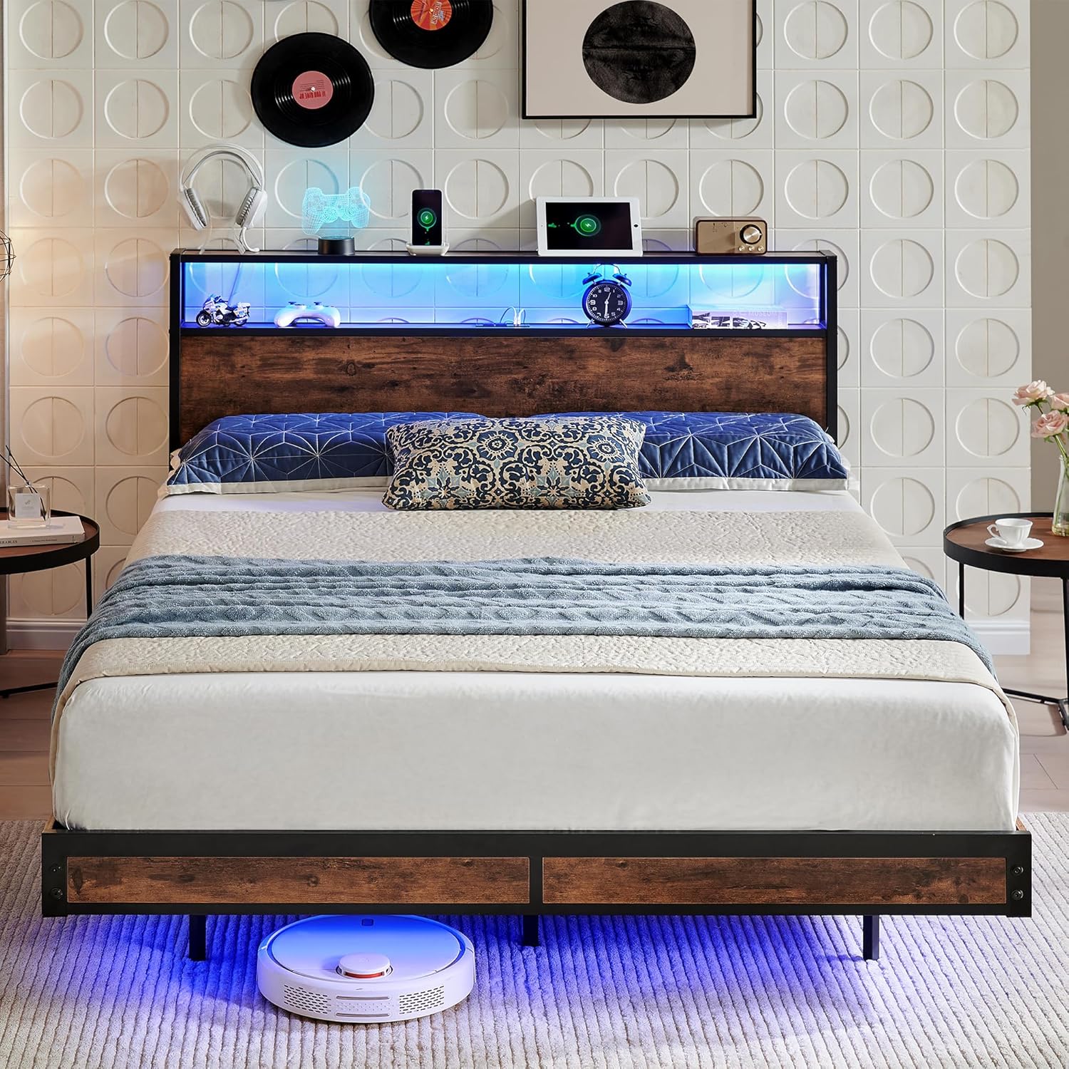 BedsPick Full Bed Frame with 2-Tier Storage Headboard, Metal Platform Full Size Bed Frame with Smart LED Lights & USB Charging Station, Noise-Free/Metal Support/No Box Spring Needed, Brown