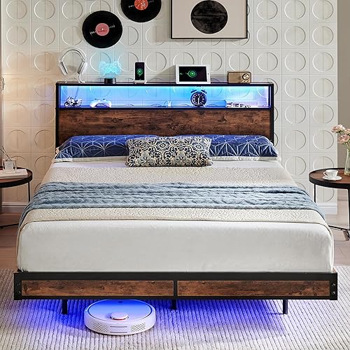 BedsPick Queen Bed Frame with 2-Tier Storage Headboard, Metal Platform Queen Size Bed Frame with Smart LED Lights & USB Charging Station, Noise-Free/Metal Support/No Box Spring Needed, Brown