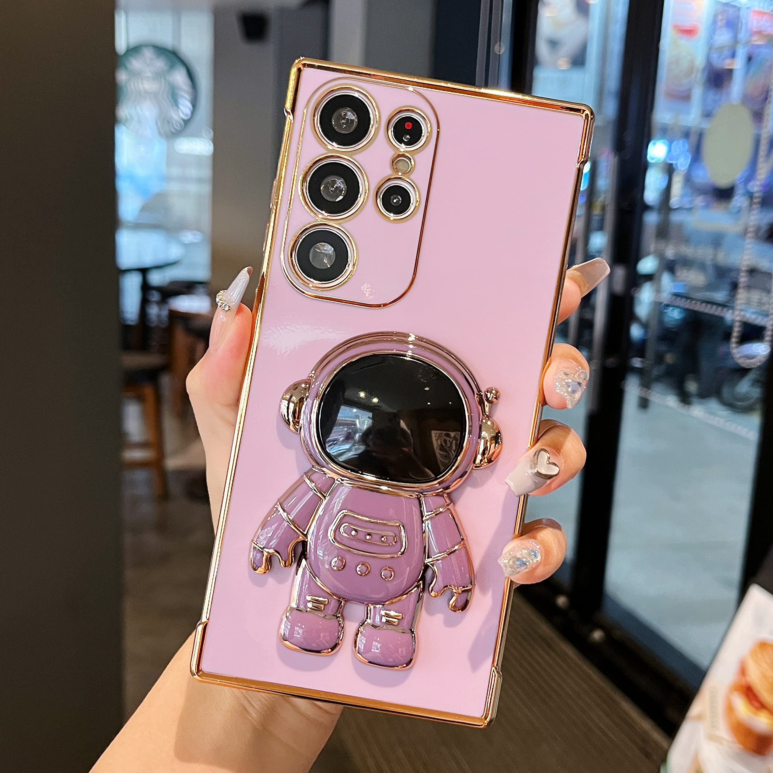 RALEAVOCompatible with Samsung Galaxy S23 Ultra Case with Cute Astronaut Kickstand Design Shockproof Plating Phone Case for Galaxy S23 Ultra 5G-Purple