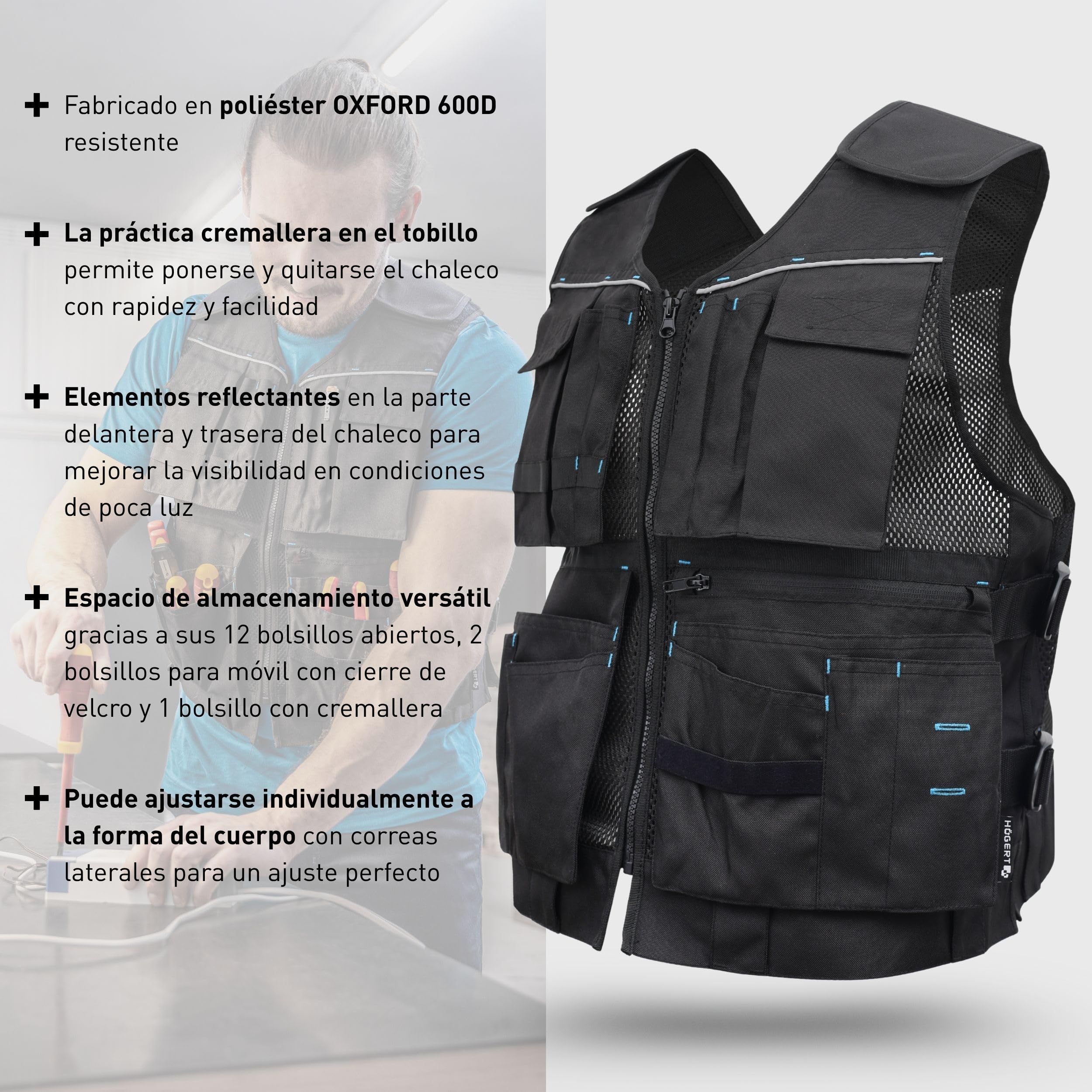 Högert Technik - Helwig - Chaleco de trabajo para hombre, color negro liso, tejido 100% poliéster Oxford 600D, chaleco de trabajo, chaleco de trabajo para hombre con muchos bolsillos, chaleco de