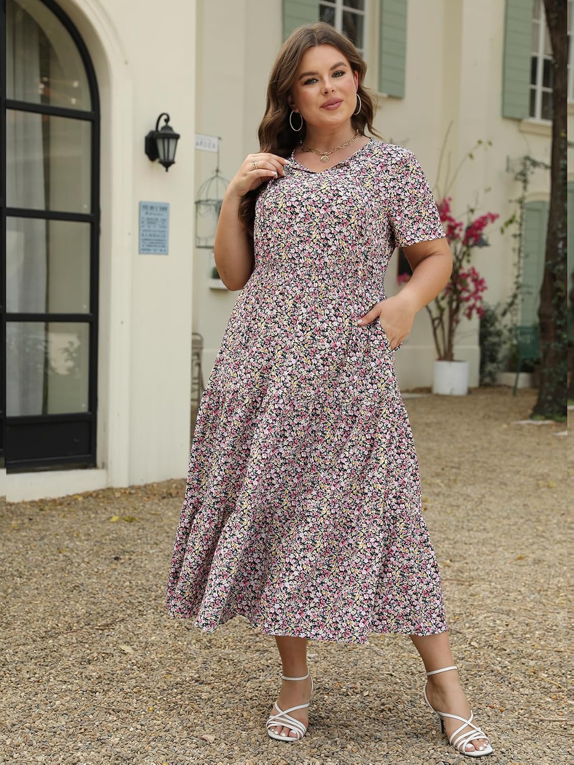 Keluummi Plus Size Wedding Guest Midi Dresses for Curvy Women, Casual Summer Swiss Dot Baby Shower Dress with Sleeve - Image 3