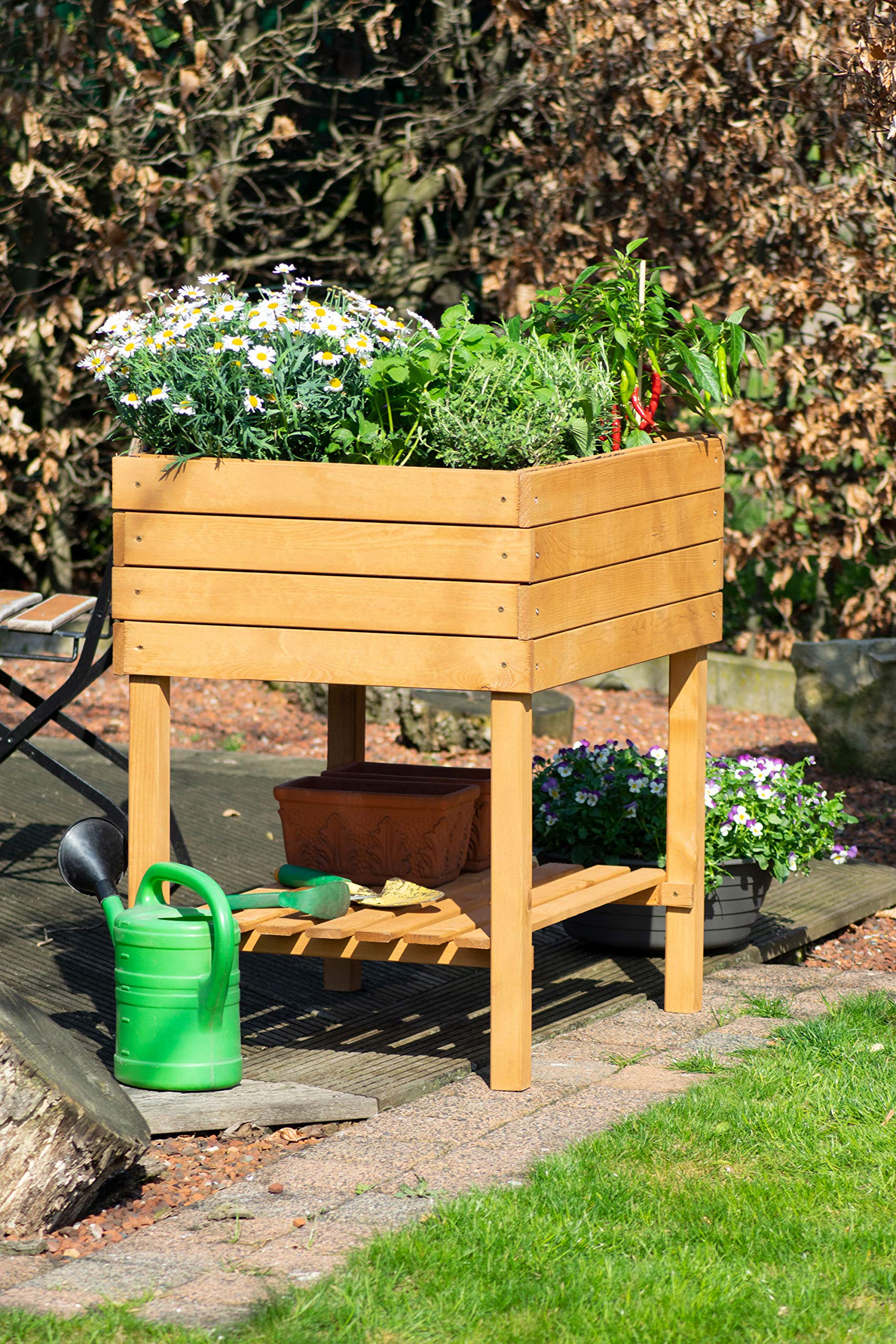 dobar® 58270e breites Hochbeet Kubus Massiv-Holz mit Ablageboden | Salatbeet Bausatz für Gemüse | Erhöhtes Gemüsebeet Garten & Balkon | Anzuchtbeet mit Füßen | 80 x 60 x 80 cm | Braun
