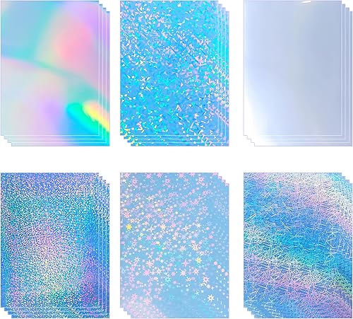 Miniatura 1 de 24 hojas de papel adhesivo holográfico imprimible de 8.5 x 11 pulgadas, papel adhesivo de vinilo arcoíris impermeable, 6 estilos mixtos para