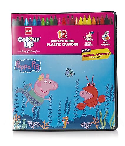 Cello Colourup Peppa Pig Colouring Kit 12 Sketch Pens, 12 Plastic Crayons, Peppa Pig Stencil Hobby Stationery for Kids and Art Lovers (cel1011937)
