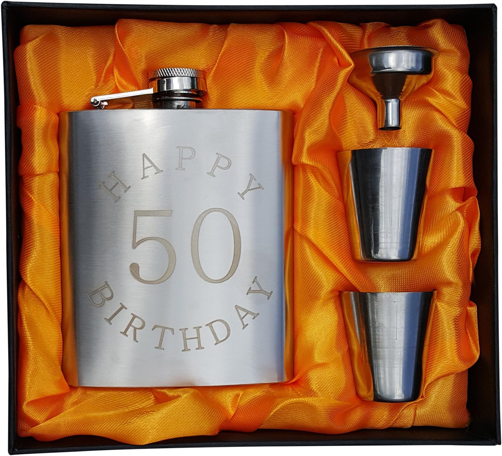 50th Birthday Flask Gift Set - 7 oz Flask Engraved with"Happy 50 Birthday"