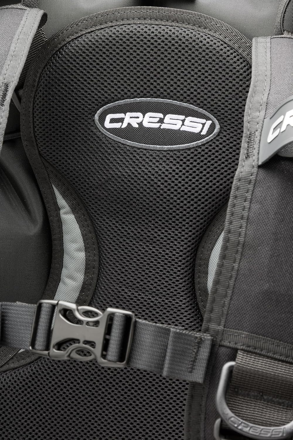 Close-up of Cressi logo on BCD backpad