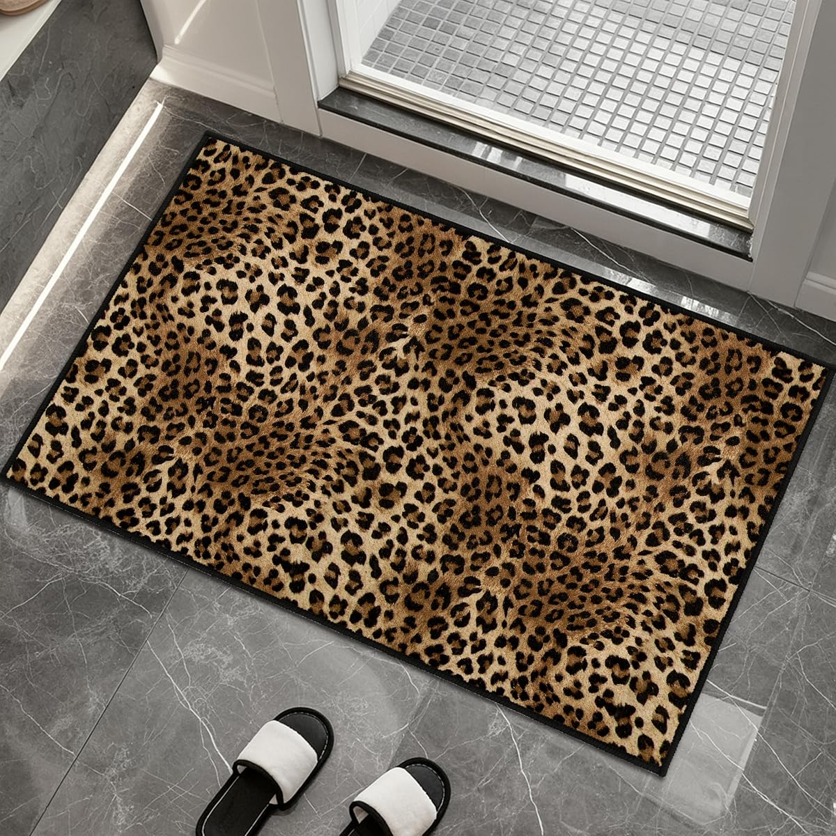 Leopard Bath Mat 20x32in Cheetah Print Thin Bathroom Rugs Fit Under Door Absorbent Non Slip Throw Carpet Washable Area Rug for Laundry Bedroom Living Room (Black Brown, 20x32in)