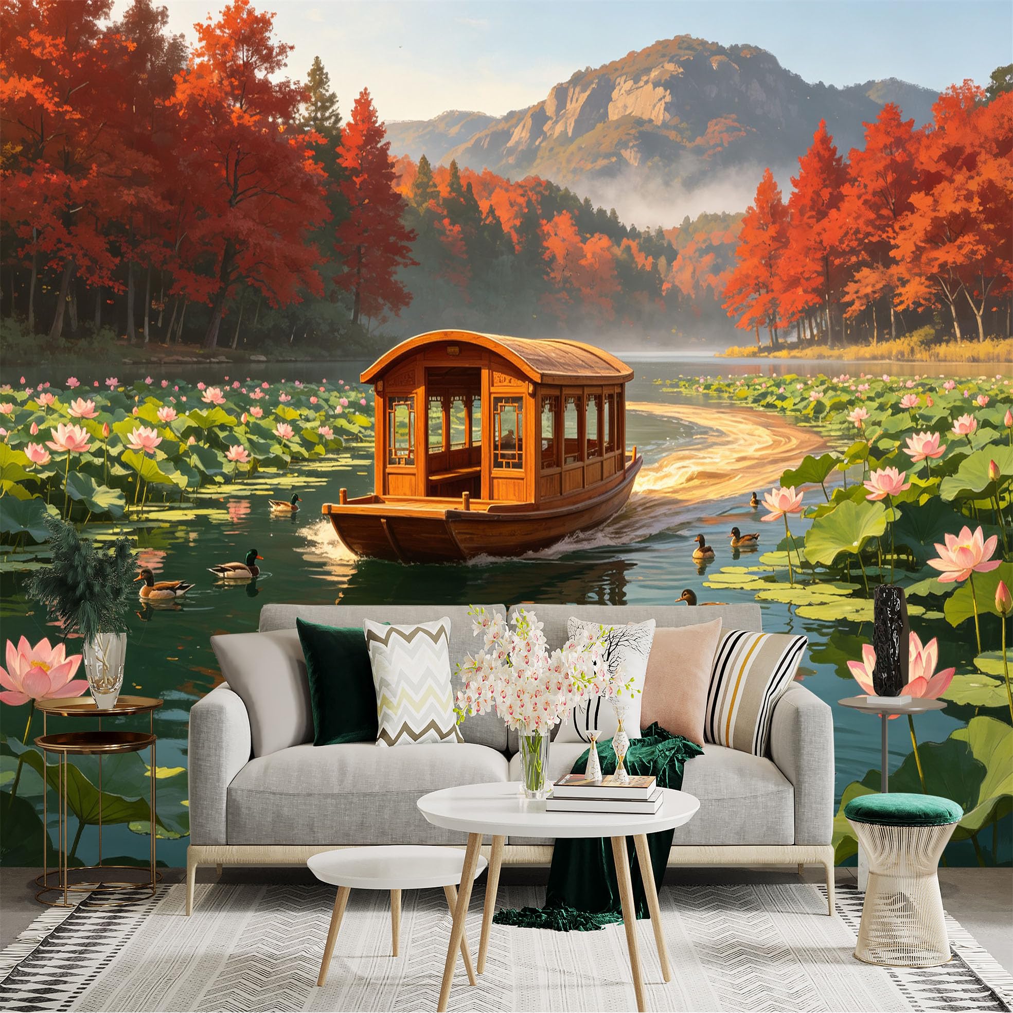 Custom Size Wall Sticker Mural， Wooden Boat on Lotus Pond， Autumn Forest Landscape， Scenic Water View， for wall Decoration， peelandstick wall Decals.