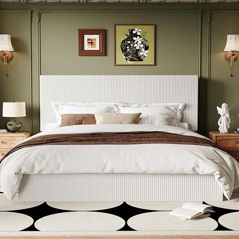 Allewie King Bed Frame, Adjustable Corduroy Headboard, Platform, White | Adjustable Headboard, Corduroy Fabric, Low Profile, Wooden Slats, 1000 lb Capacity, No Box Spring Needed