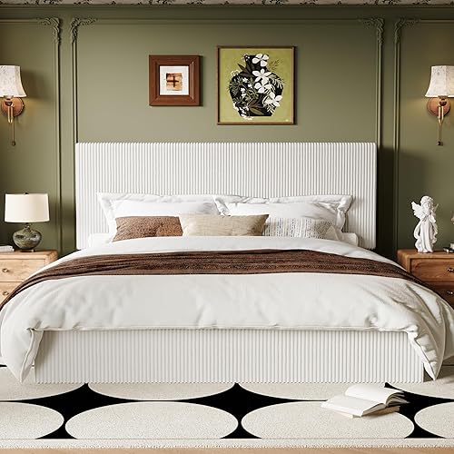 Allewie King Bed Frame, Upholstered Platform Bed, Adjustable Vertical Channel Tufted Headboard, Corduroy Fabric, Modern Low Profile, Wooden Slats, No Box Spring Needed, Easy Assembly, White