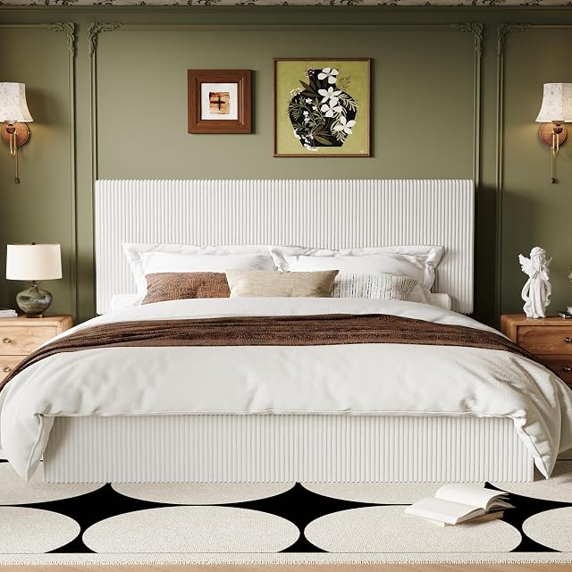 Allewie King Bed Frame Upholstered Platform Bed Adjustable Vertical Channel Tufted Headboard Corduroy Fabric Modern Low Profile Wooden