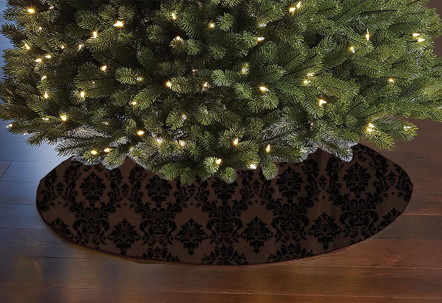Flocked Damask Taffeta Tree Skirt Christmas Decoration 56" Round Holiday Event Tree Décor (Black on Black)