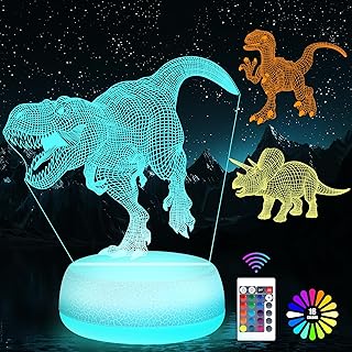 Dinosaur Night Light - 3D Acrylic 16 Color Changing Lamp with 3 Dino Patterns Remote Control, Kids Gift for Birthday Christmas