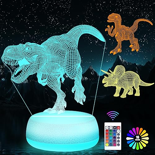 Dinosaur Night Light - 3D Acrylic 16 Color Changing Lamp with 3 Dino Patterns Remote Control, Kids Gift for Birthday Christmas