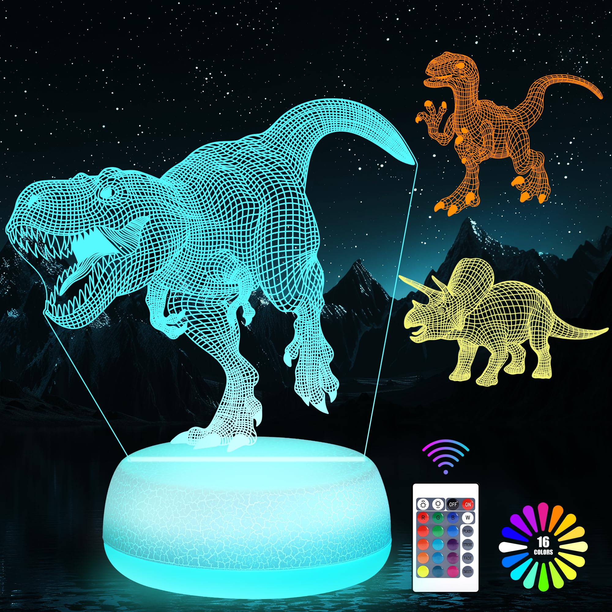 JURHHOEN Dinosaur Night Light - 3D Acrylic 16 Color Changing Lamp with 3 Dino Patterns Remote Control, Kids Gift for Birthday Christmas