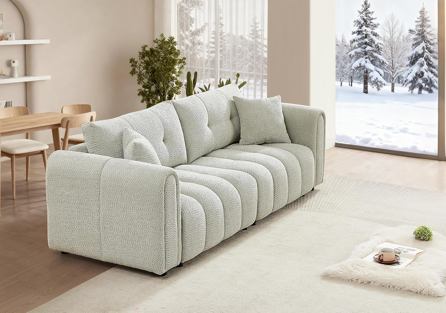 Mid Century Modern Boucle Sofas for Living Room, 3 Seater Couch with Deep Seat, Comfy Sherpa Cloud Couch Oversized Loveseat for Apartment, Bedroom, Home Office, 91.5 Inch, Mint Green