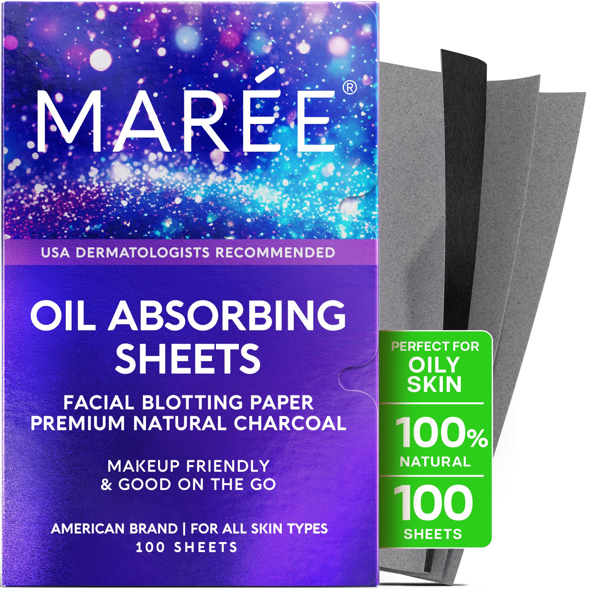 MAREE Oil Blotting Sheets for Face (100 Sheets) - Mineral Blotting Papers For Face with Bamboo Charcoal - Maximum Absorption & Shine Control - Makeup-Friendly Wipes for Oily Skin