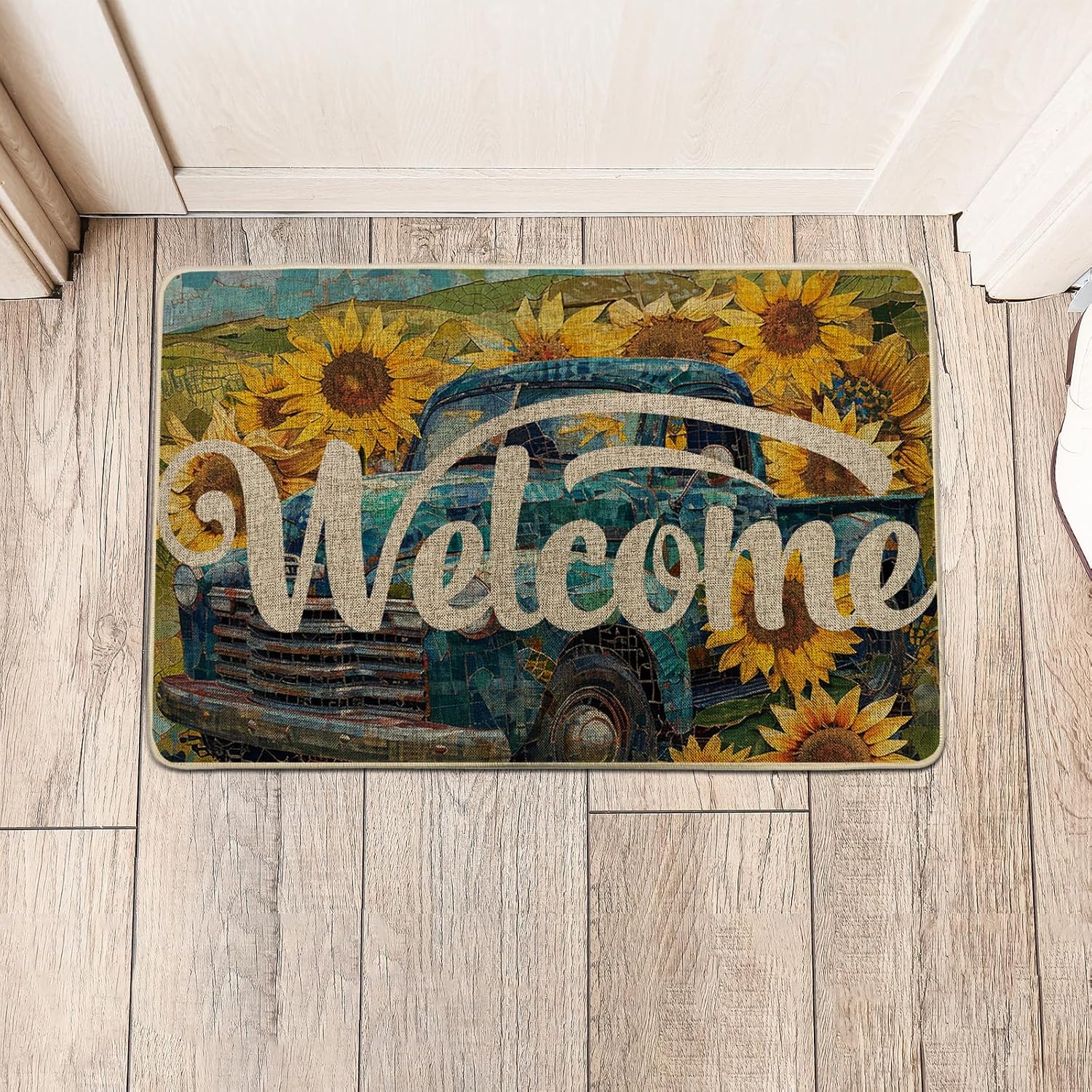 Vintage Truck Door Mat Abstract Sunflower Spring Farmhouse Natural Country Style Blue Linen Rubber Inside Decorations Patio Flooring Dirt Trapping entryway Home Camping Pool Welcome mat 17x29 Inch