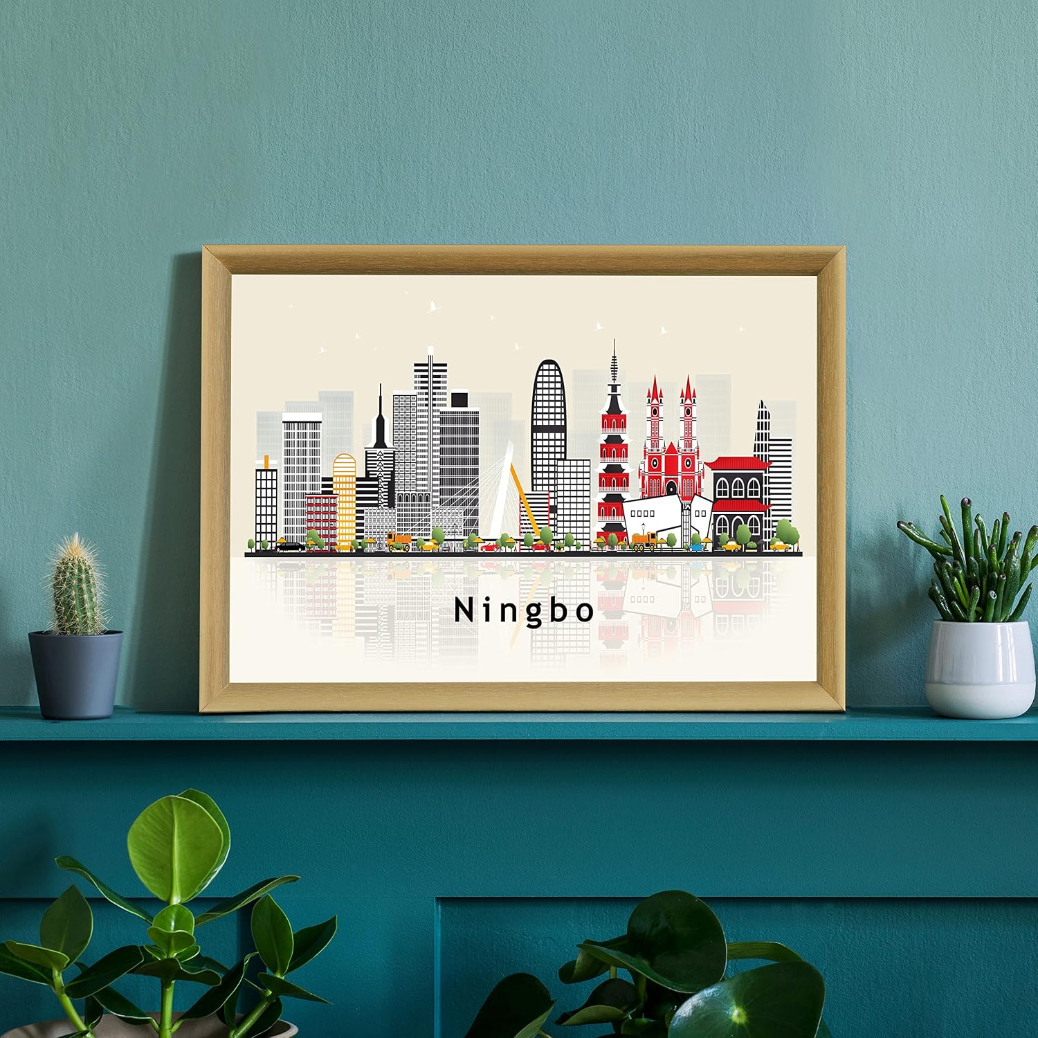 Pera Print Ningbo Poster, China Illustration Skyline City Poster, Modern Skyline Ningbo Poster, Cityscape and Landmark Print, Home-Office Wall Art Decoration - 12x18 Inches