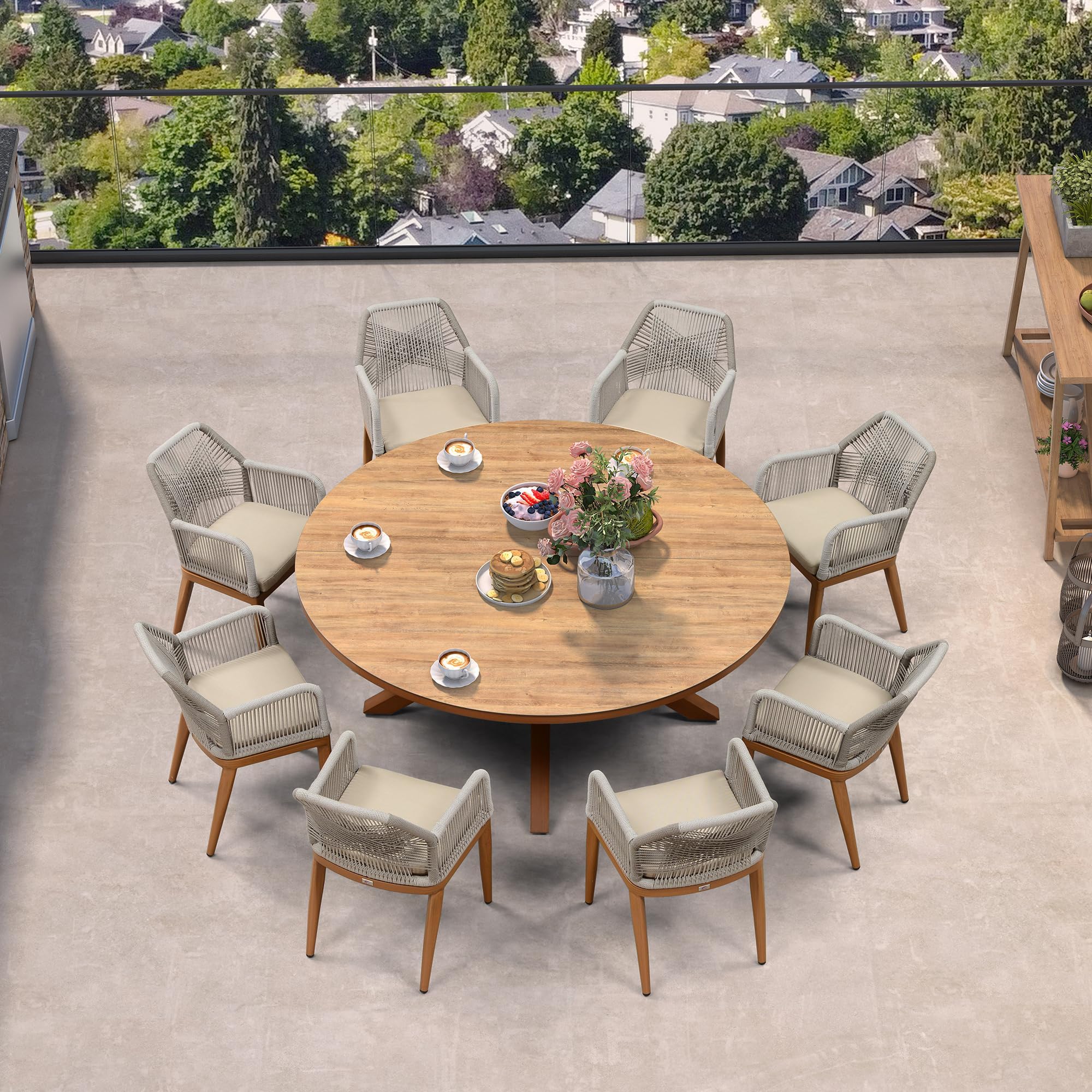 PURPLE LEAF Round Patio Dining Set 9 Pieces with Cushion and Arm, Deep Teak
