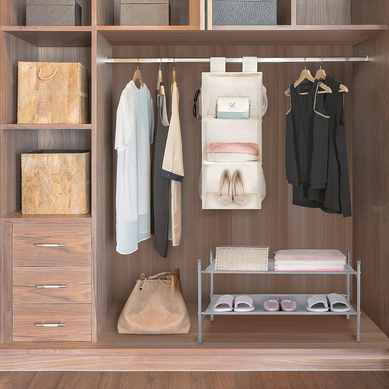 MAX Houser 3 Shelf Hanging Closet Organizer with 2 Velcro, Beige | Foldable Hanging Shelves for Closet Collapsible hanging closet shelf with side storage pockets, multi-use for camper