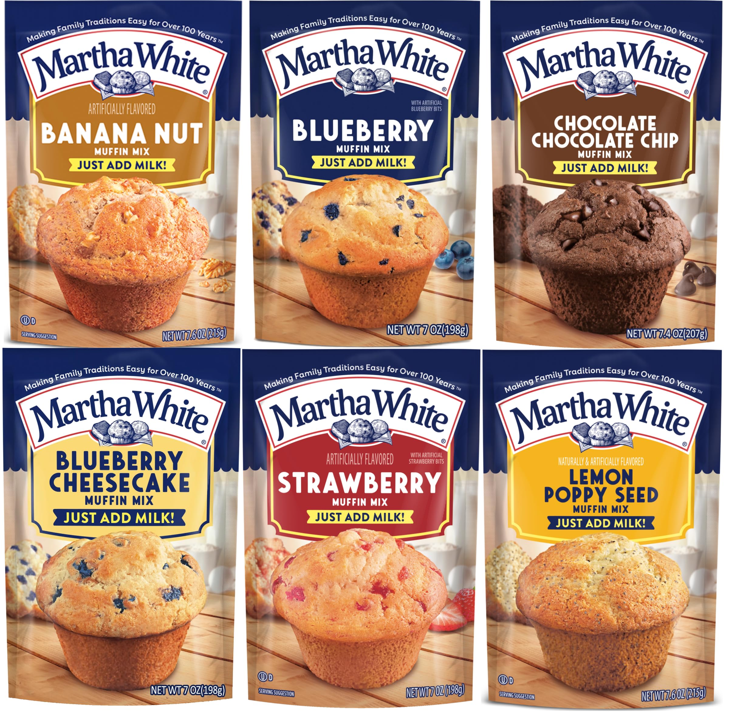 Martha White Muffin Mix Sampler Package with Favorite Banana Nut - 6 Pack of Various Flavors