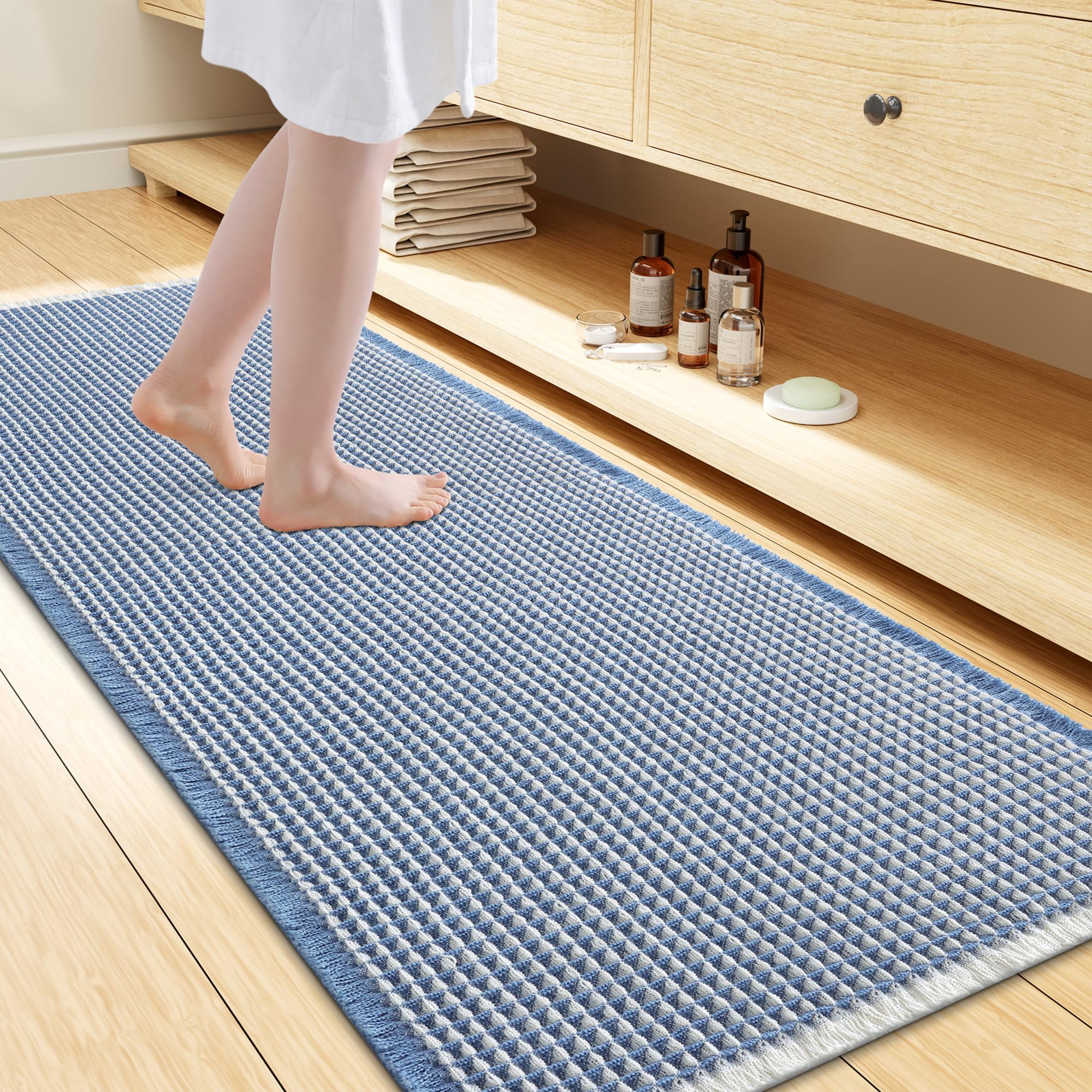 Smiry Waffle Bath Mat 47X24, Soft Absorbent Bathroom Rugs, Blue &amp; Cream