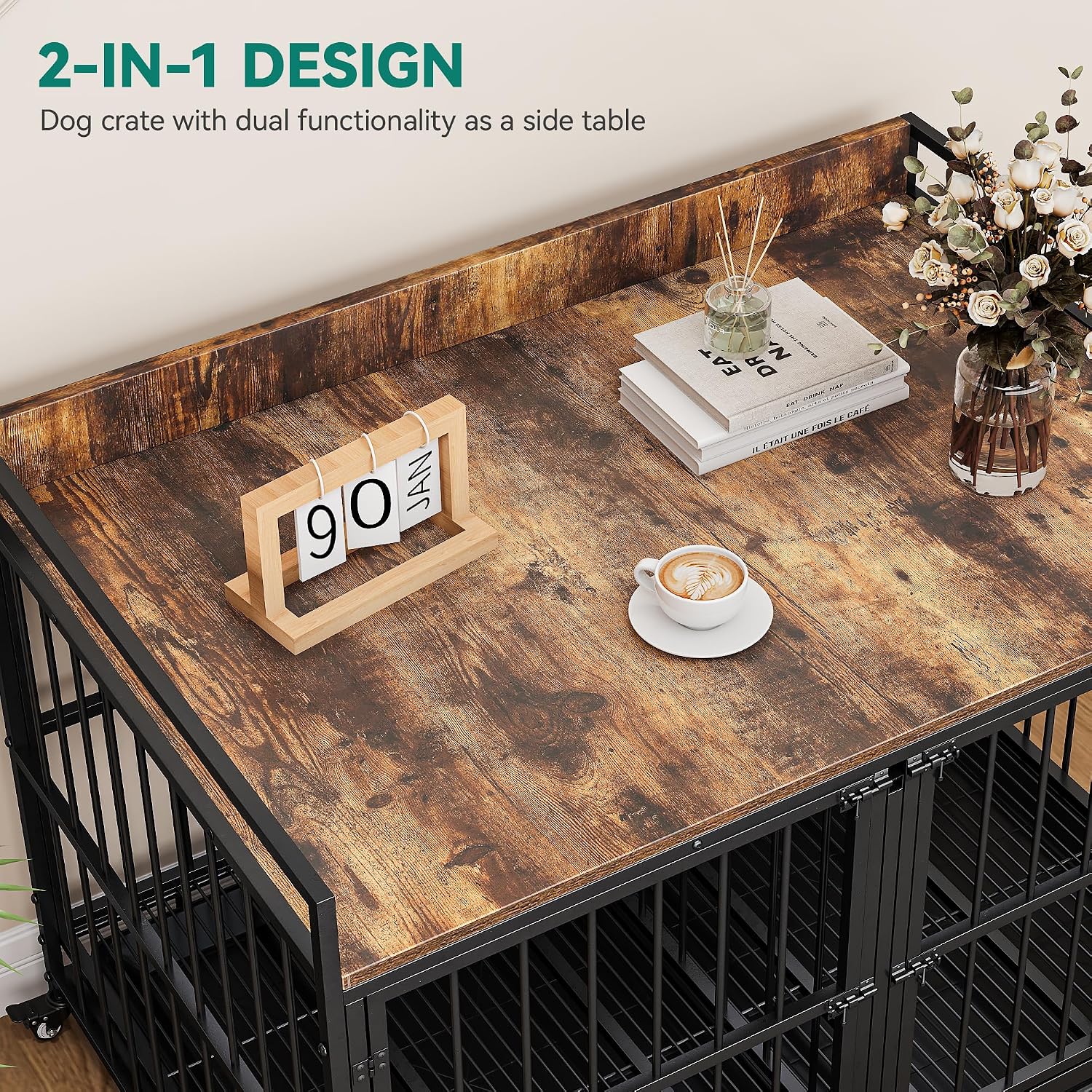 YITAHOME 37.5'' Heavy Duty Dog Crate with Removable Divider, Double Doors & Locks Design, Furniture Style Large Dog Crate with 360° Rotatable Dog Bowls & 360° Wheels & 2 Trays for Small Dog