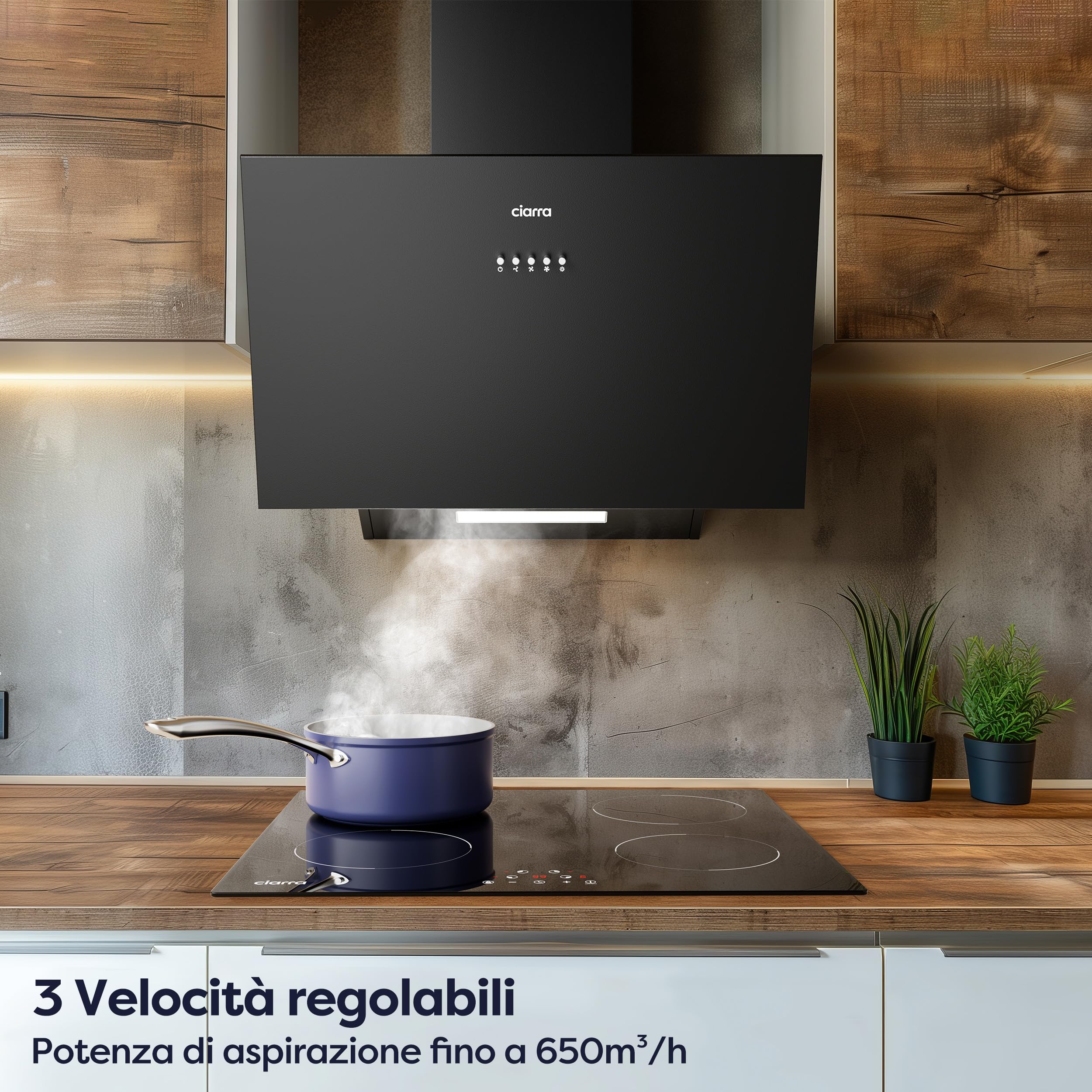 CIARRA CBCB6762A Cappa Aspirante Inclinata 60 cm Classe A+++ - 650 m³/h - Cappa da Cucina 3 Velocità con Filtri Carbone Inclusi - Ricircolo o Scarico - Nero