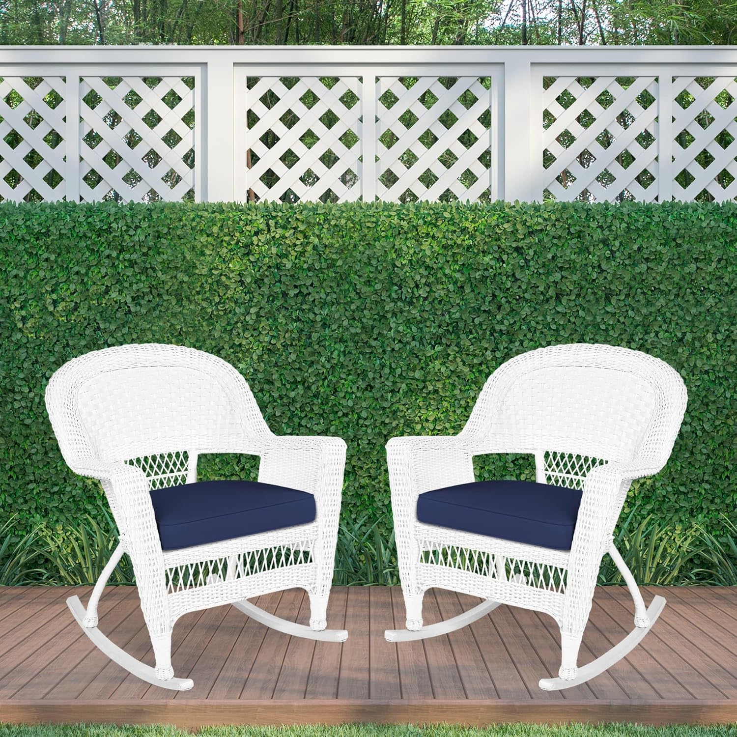 Jeco Rocker Wicker Chair with Blue Cushion, Set of 2, White