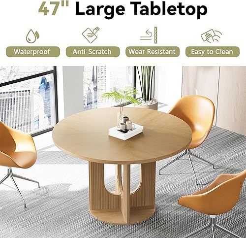 Miniatura 5 de Mesa de comedor redonda campestre con nervaduras para 4, mesa de cocina circular de 47 pulgadas con base de pedestal de madera, mesas de cena para