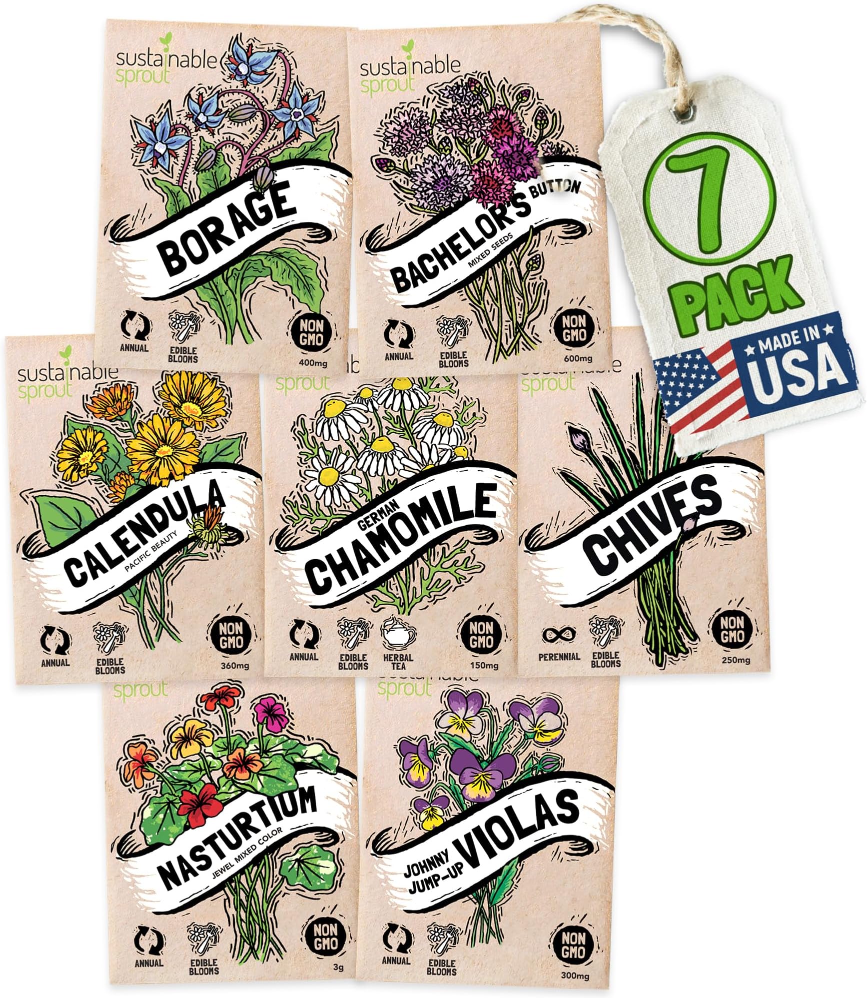 Edible Flower Seeds for Planting: 7 Variety Packets: Viola, Calendula, Chamomile, Chives, Bachelor Button, Borage & Nasturtium, Annual & Perennial Edible Flower Seeds Garden Kit by Sustainable Sprout