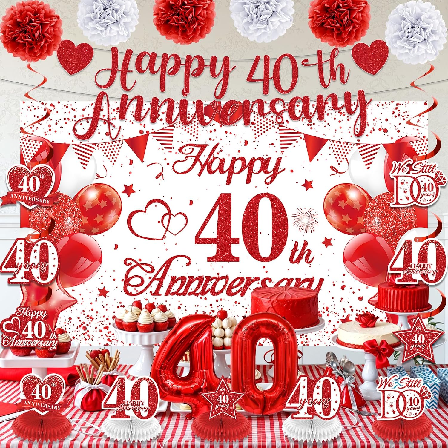 40th Wedding Anniversary Decorations Kit Red Happy 40th Anniversary Banner Backdrop Table Honeycomb Centerpiece Hanging Swirls Poms Decor for Men Women 40 Years Wedding Anniversaries Party Supplies