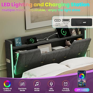 Miyemo Double Bed Frame with Storage, Ottoman Upholstered Bed Frame with Headboard Storage & Hydraulic, 4ft6 Linen Bed Frame with LED-Lighting & Charging-Station, 135x190cm, Grey, (No Mattress)
