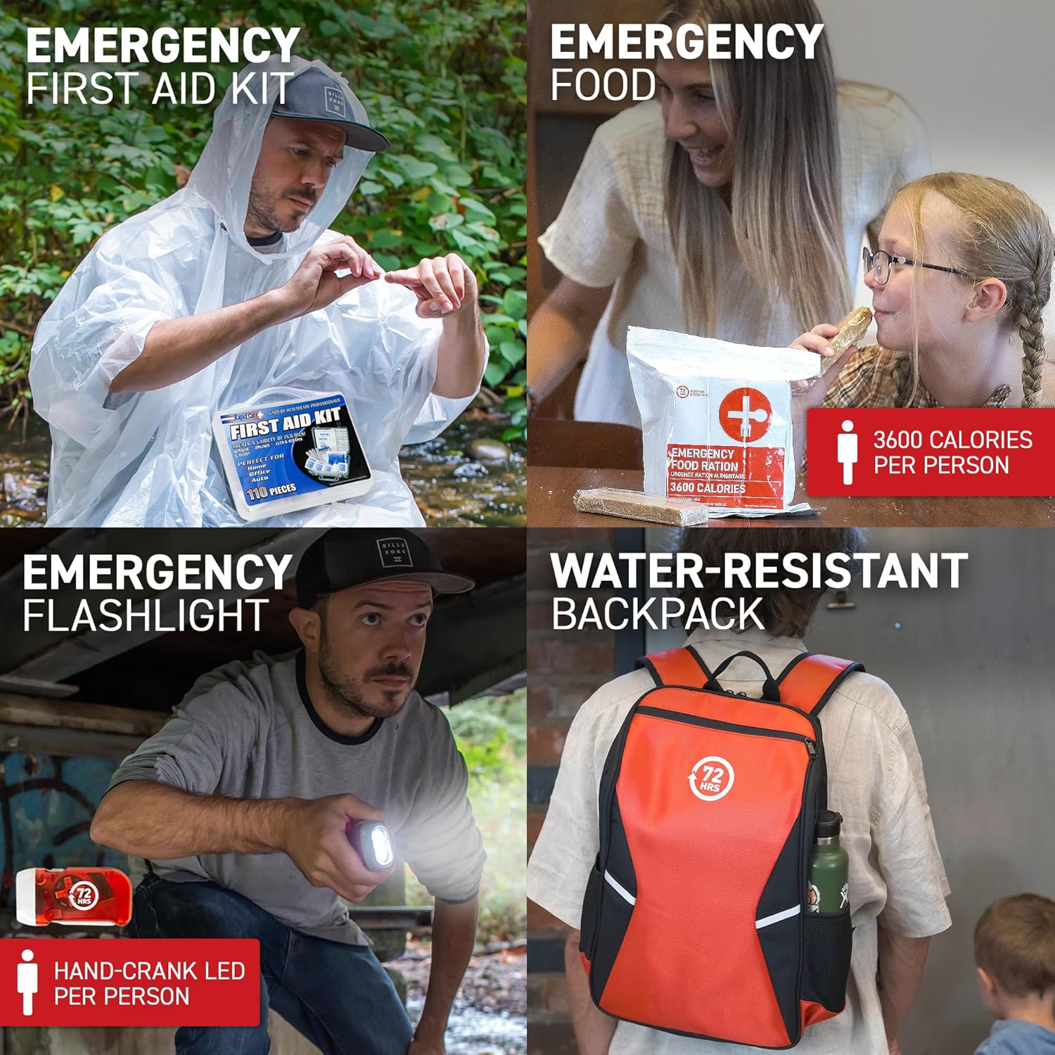 Earthquake Kit - 72 HRS Essential Emergency Survival Kit, Heavy Duty 72 Hour Bug Out Bag Survival Kit for Earthquake, Hurricane, Tsunami - Include Emergency First Aid Kit, Water, Food (Red 2 Person)