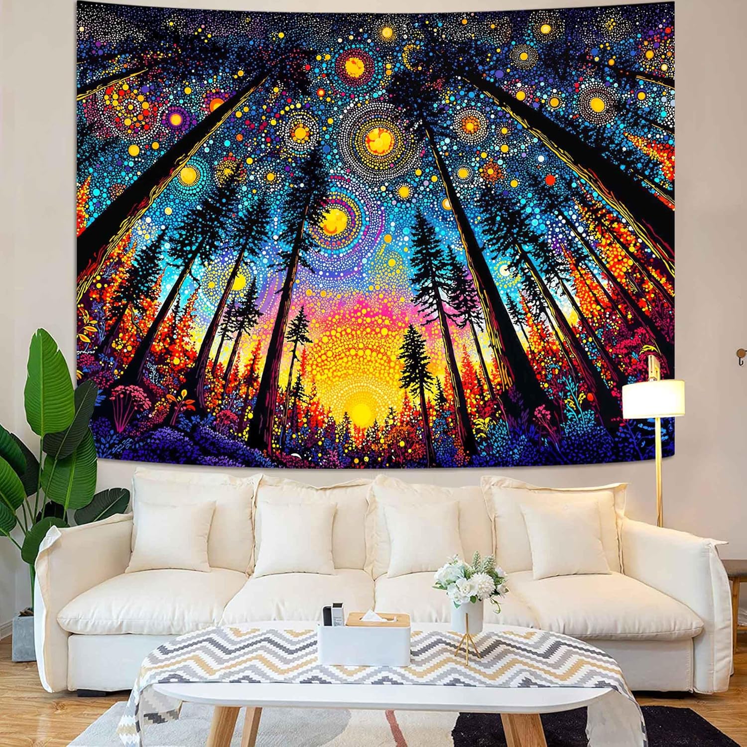 Spenlife Upward Forest Starry Sky Wall Tapestry, Trippy Night Tree Tapestries for Bedroom Decor, Scenic Tapestry 90x70 Inch